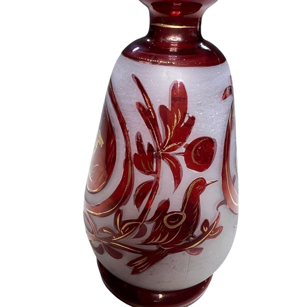 Ruby Red Bohemian Glass Vase Gold Deer and Bird Design‎ Bud Vase Decor Handblown - Picture 12 of 14